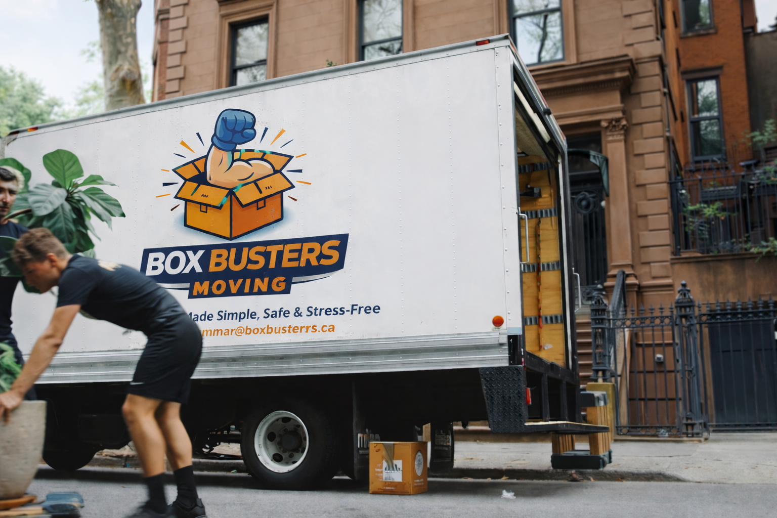 Professional movers loading boxes